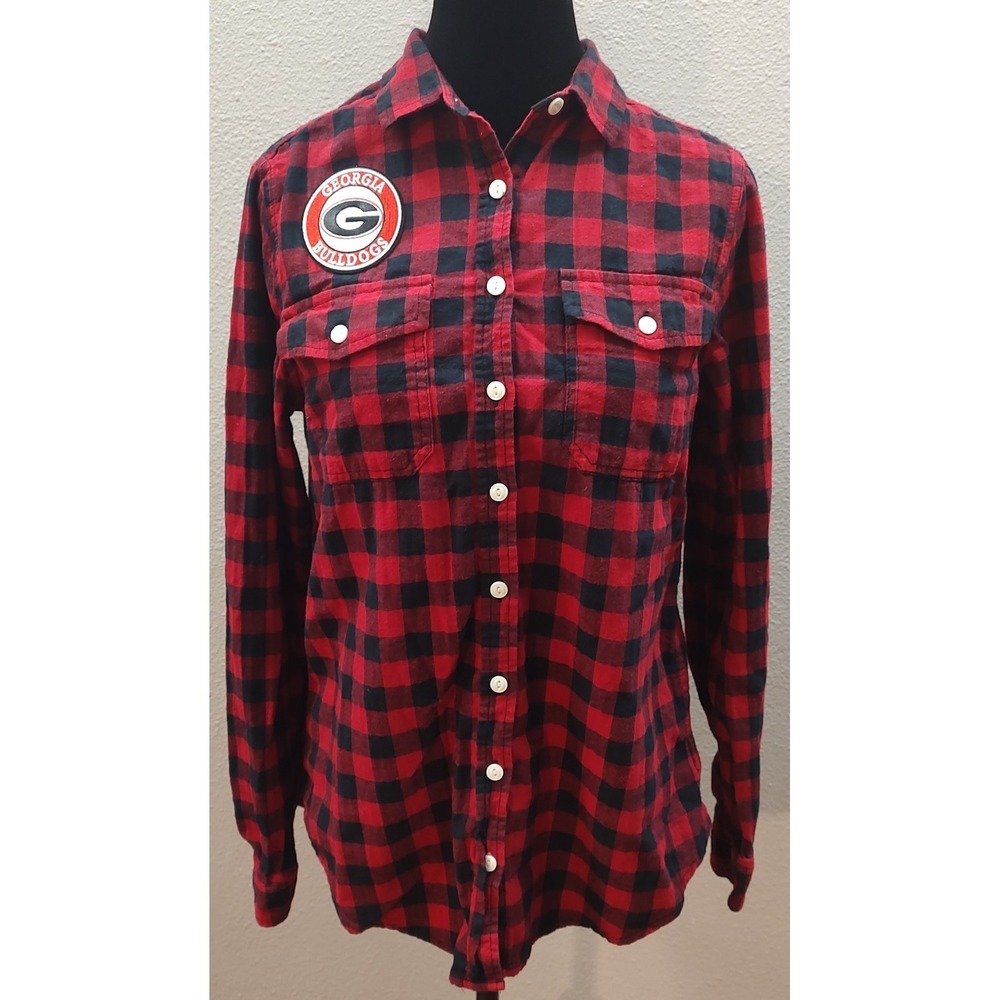 Georgia Bulldogs Women's Medium Black Red Plaid Flannel Button Down  B5